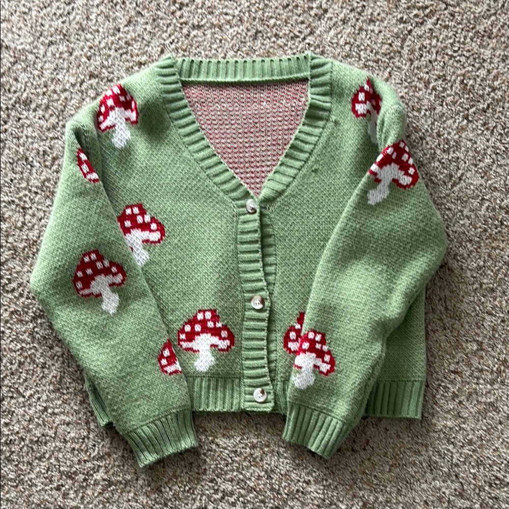 Green Cardigan with Red Mushroom Pattern